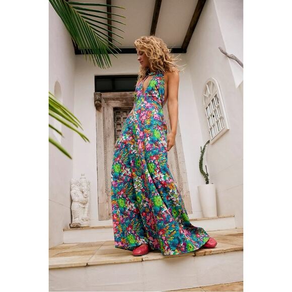 Free People Retro 60s 70s Floral Psychedelic Saffron Halter Maxi Dress Large - Picture 13 of 14